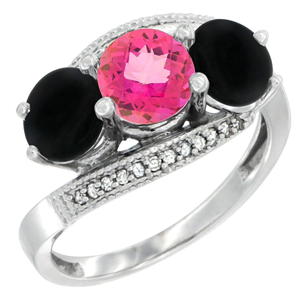 10K White Gold Natural Pink Topaz &amp; Black Onyx Sides 3 stone Ring Round 6mm Diamond Accent, sizes 5 - 10