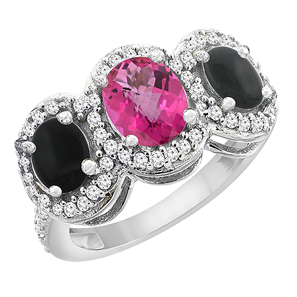 14K White Gold Natural Pink Sapphire & Black Onyx 3-Stone Ring Oval Diamond Accent, sizes 5 - 10