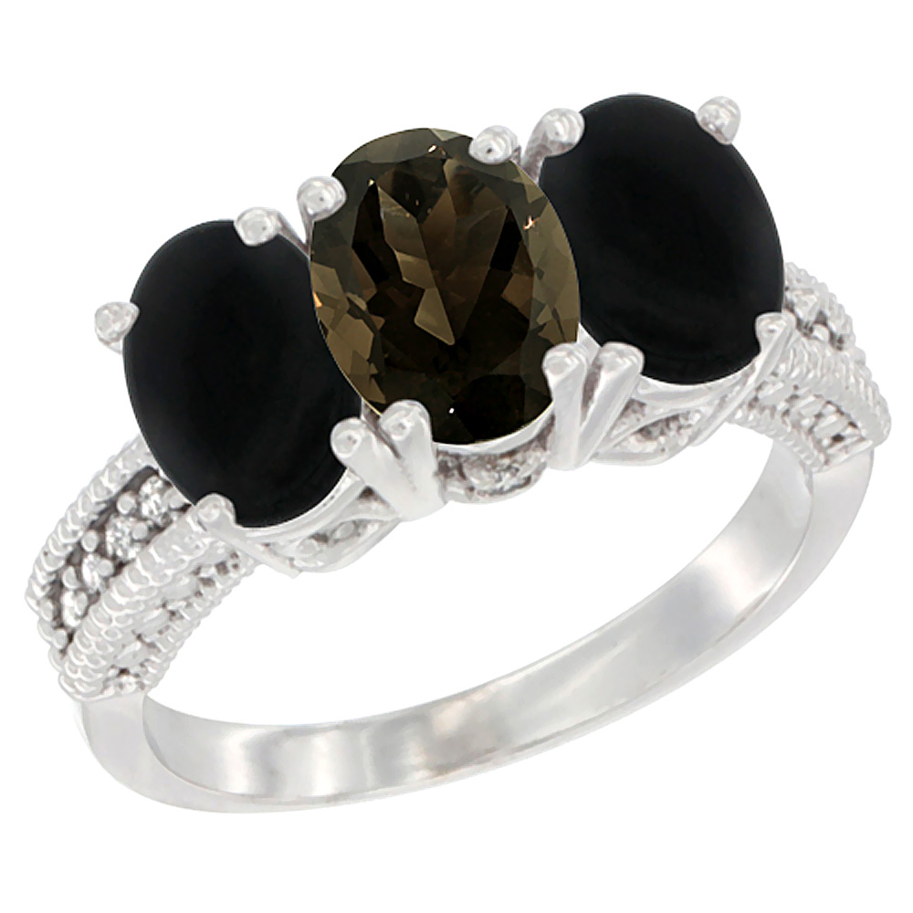 14K White Gold Natural Smoky Topaz &amp; Black Onyx Sides Ring 3-Stone 7x5 mm Oval Diamond Accent, sizes 5 - 10