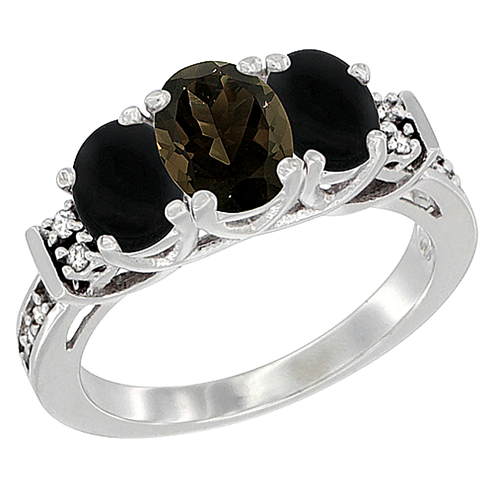 14K White Gold Natural Smoky Topaz &amp; Black Onyx Ring 3-Stone Oval Diamond Accent, sizes 5-10