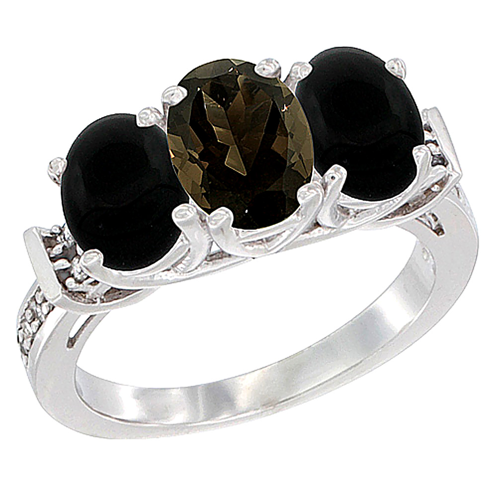 14K White Gold Natural Smoky Topaz &amp; Black Onyx Sides Ring 3-Stone Oval Diamond Accent, sizes 5 - 10