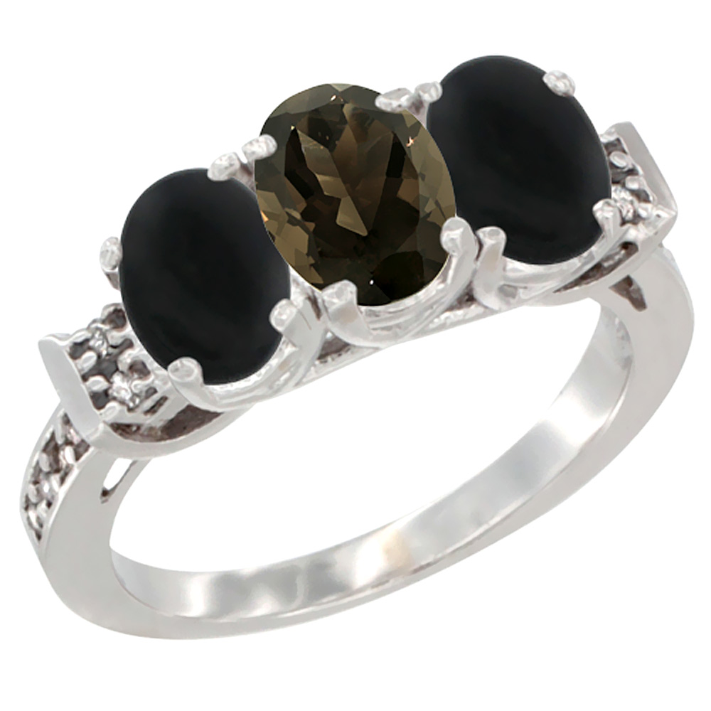 14K White Gold Natural Smoky Topaz & Black Onyx Sides Ring 3-Stone Oval 7x5 mm Diamond Accent, sizes 5 - 10