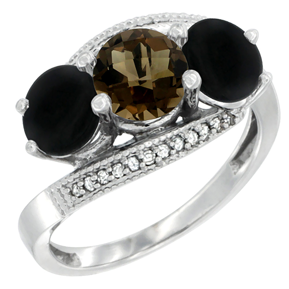 14K White Gold Natural Smoky Topaz & Black Onyx Sides 3 stone Ring Round 6mm Diamond Accent, sizes 5 - 10