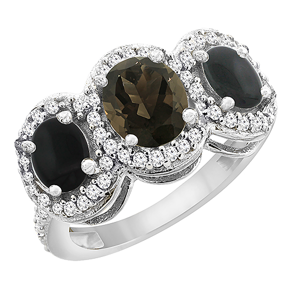 14K White Gold Natural Smoky Topaz & Black Onyx 3-Stone Ring Oval Diamond Accent, sizes 5 - 10