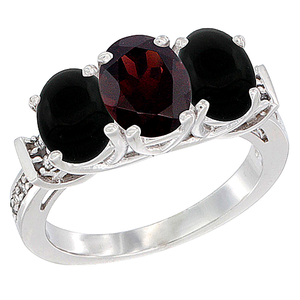 14K White Gold Natural Garnet & Black Onyx Sides Ring 3-Stone Oval Diamond Accent, sizes 5 - 10