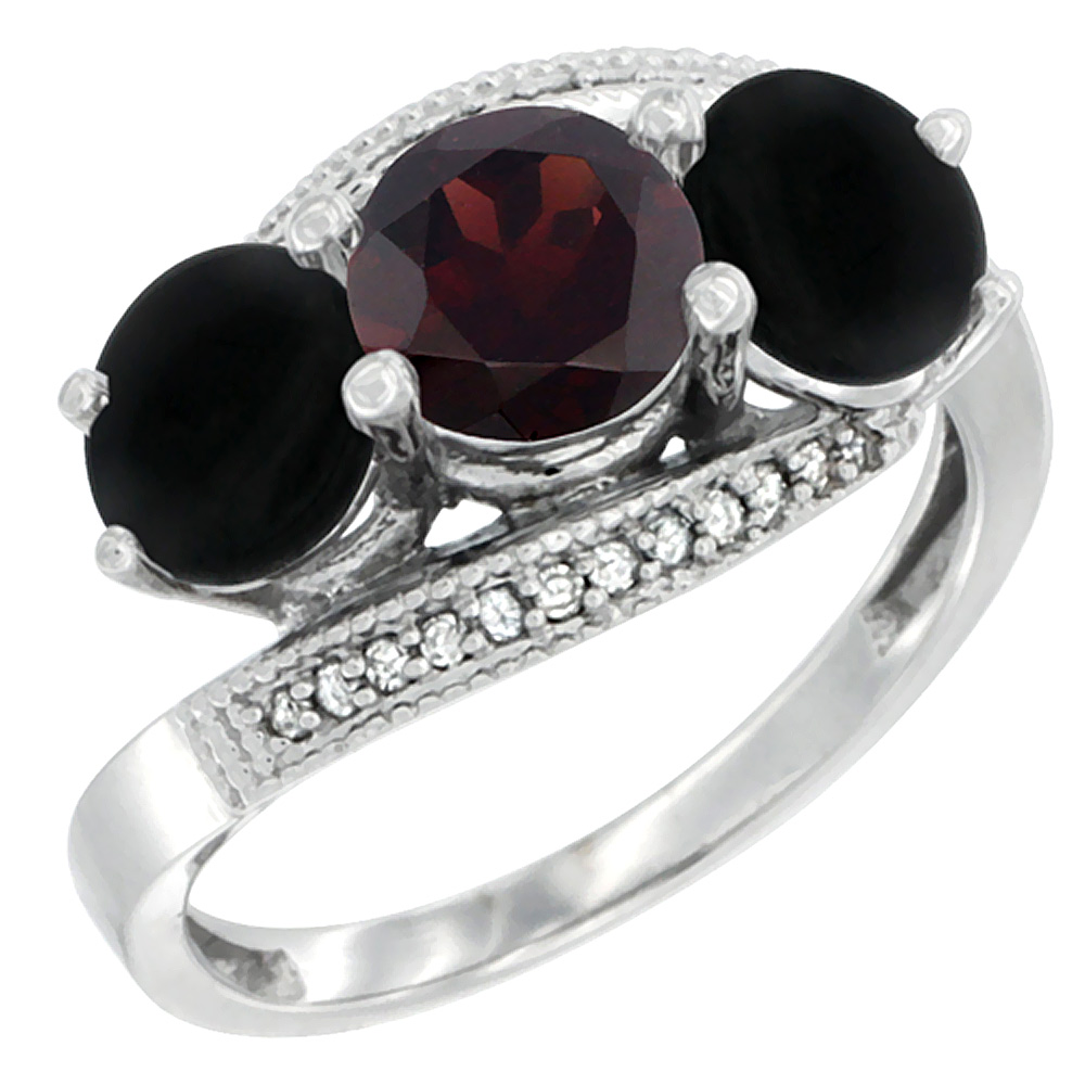 14K White Gold Natural Garnet & Black Onyx Sides 3 stone Ring Round 6mm Diamond Accent, sizes 5 - 10