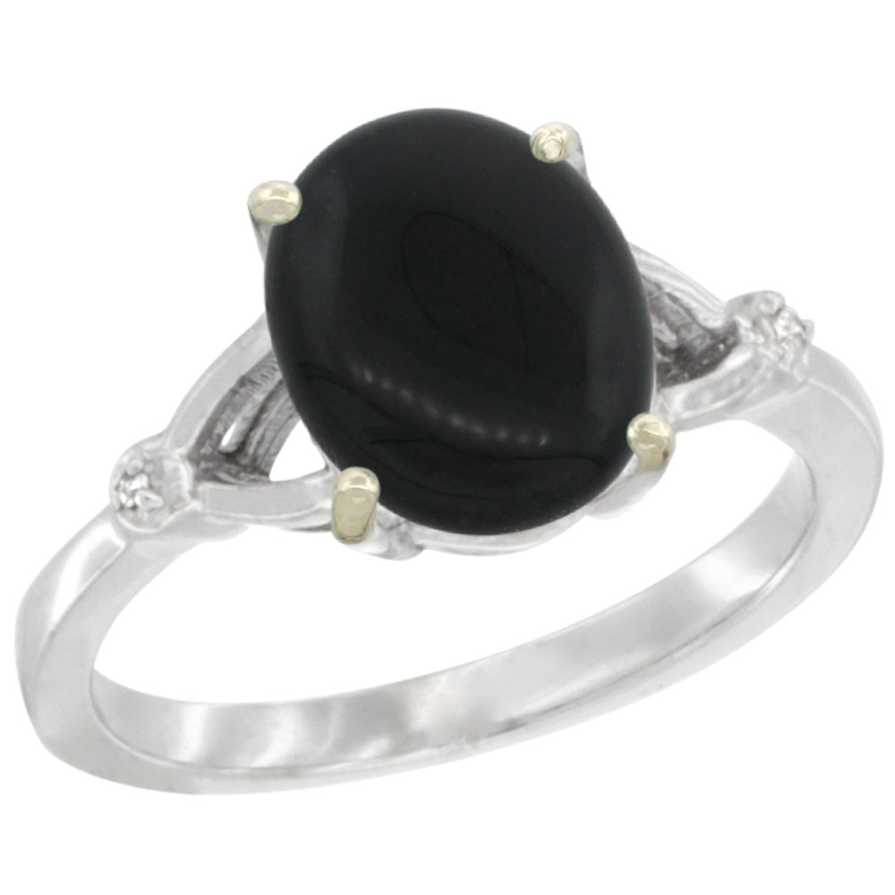 14K WHITE GOLD SIMPLE LARGE 4 PRONG 10X8MM OVAL BLACK ONYX ENGAGEMENT RING FOR WOMEN 3/8 INCH WIDE SIZES 6-10