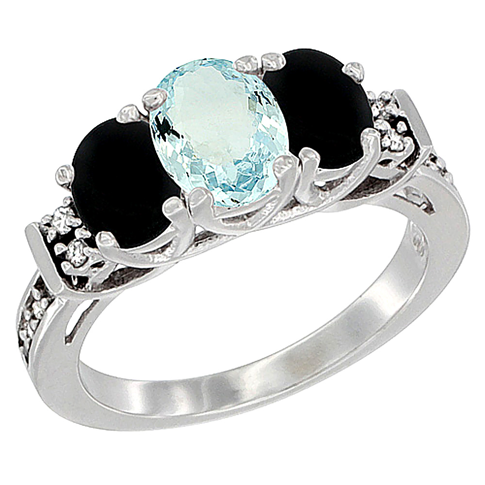14K White Gold Natural Aquamarine & Black Onyx Ring 3-Stone Oval Diamond Accent, sizes 5-10