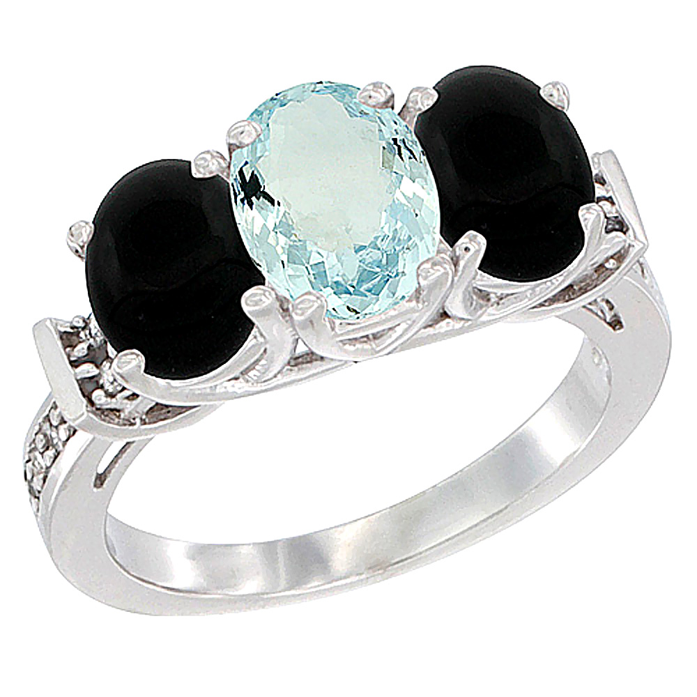 10K White Gold Natural Aquamarine & Black Onyx Sides Ring 3-Stone Oval Diamond Accent, sizes 5 - 10