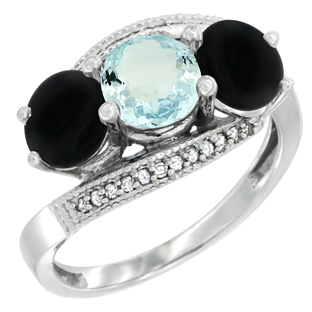 10K White Gold Natural Aquamarine & Black Onyx Sides 3 stone Ring Round 6mm Diamond Accent, sizes 5 - 10