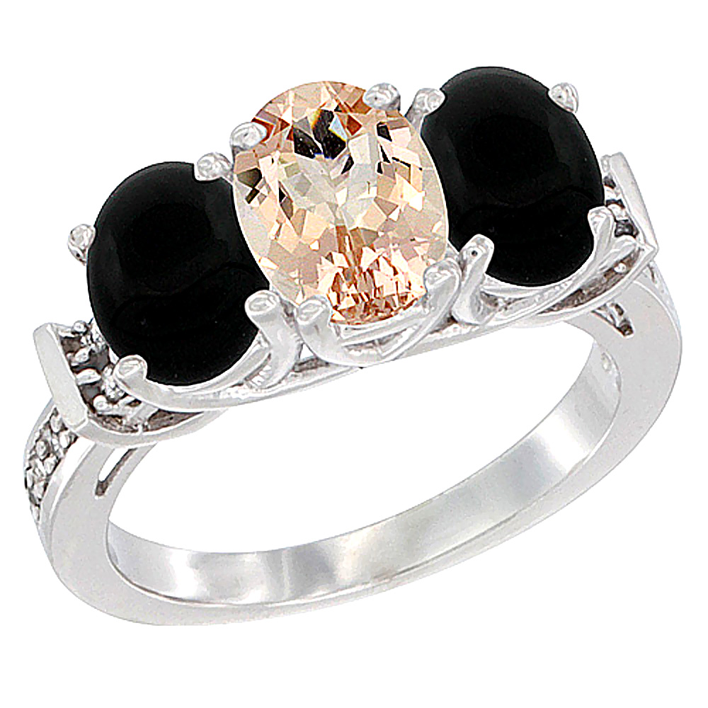 14K White Gold Natural Morganite & Black Onyx Sides Ring 3-Stone Oval Diamond Accent, sizes 5 - 10