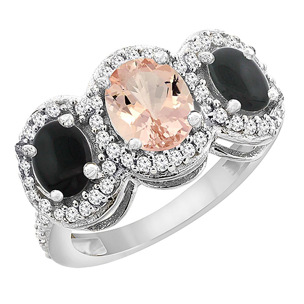 10K White Gold Natural Morganite & Black Onyx 3-Stone Ring Oval Diamond Accent, sizes 5 - 10