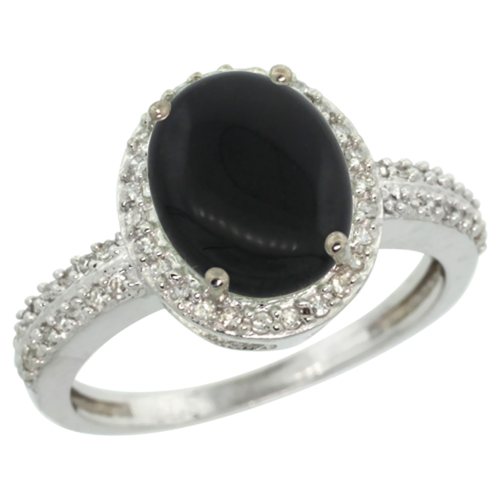 14K White Gold Diamond Natural Black Onyx Engagement Ring Oval 10x8mm, sizes 5-10