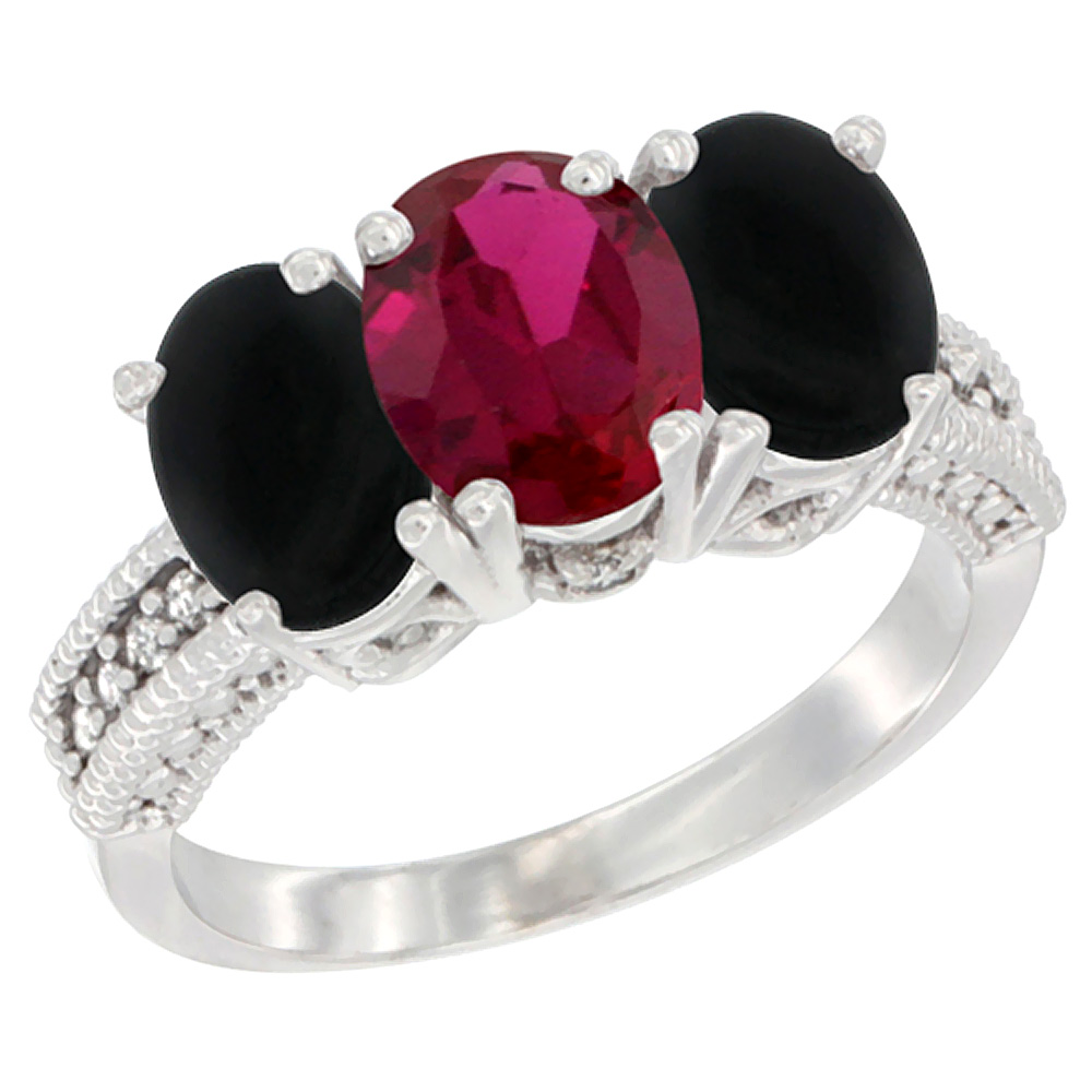 14K White Gold Enhanced Ruby & Natural Black Onyx Sides Ring 3-Stone 7x5 mm Oval Diamond Accent, sizes 5 - 10