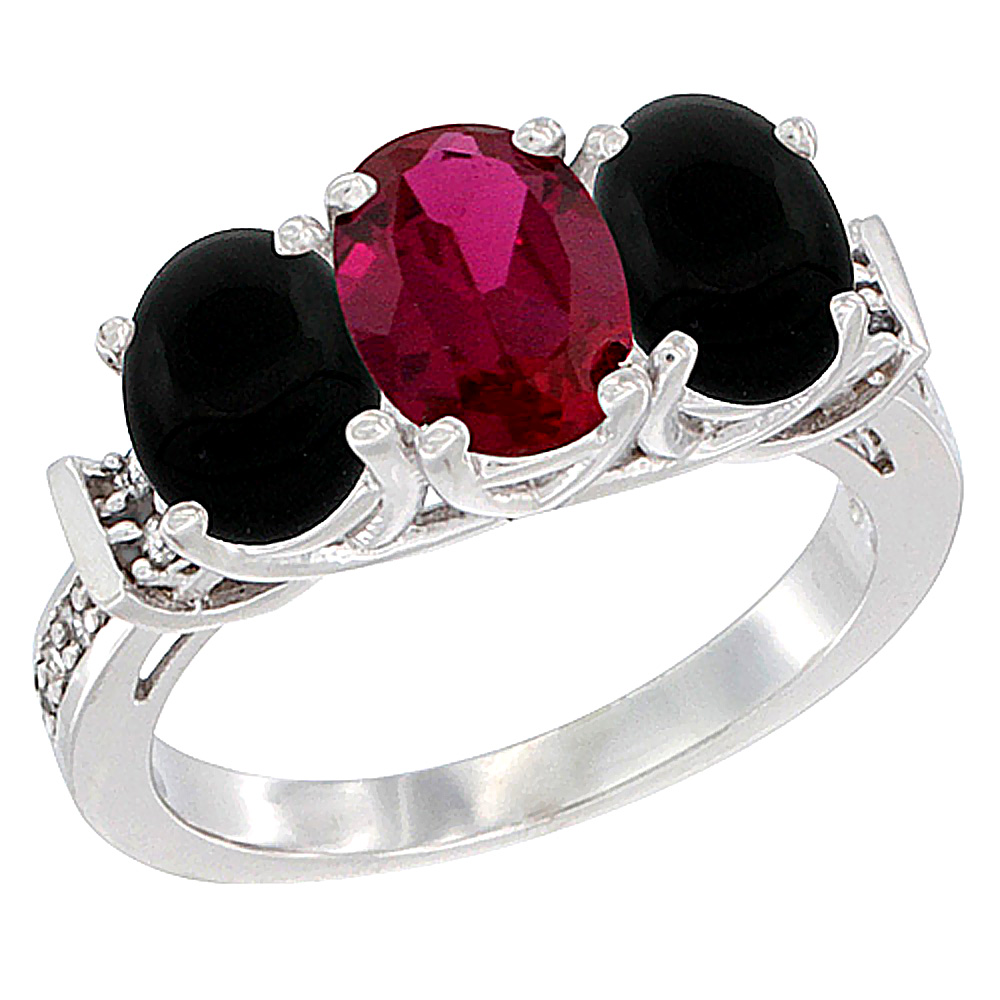 14K White Gold Natural High Quality Ruby &amp; Black Onyx Sides Ring 3-Stone Oval Diamond Accent, sizes 5 - 10