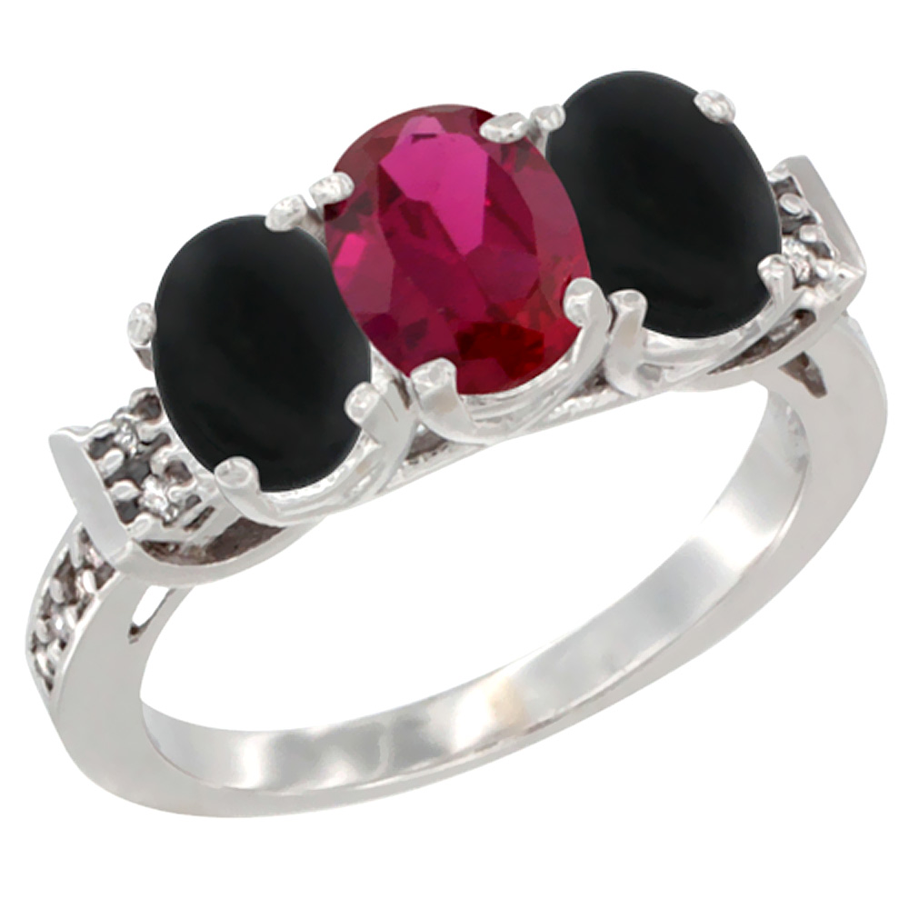 10K White Gold Enhanced Ruby &amp; Natural Black Onyx Sides Ring 3-Stone Oval 7x5 mm Diamond Accent, sizes 5 - 10