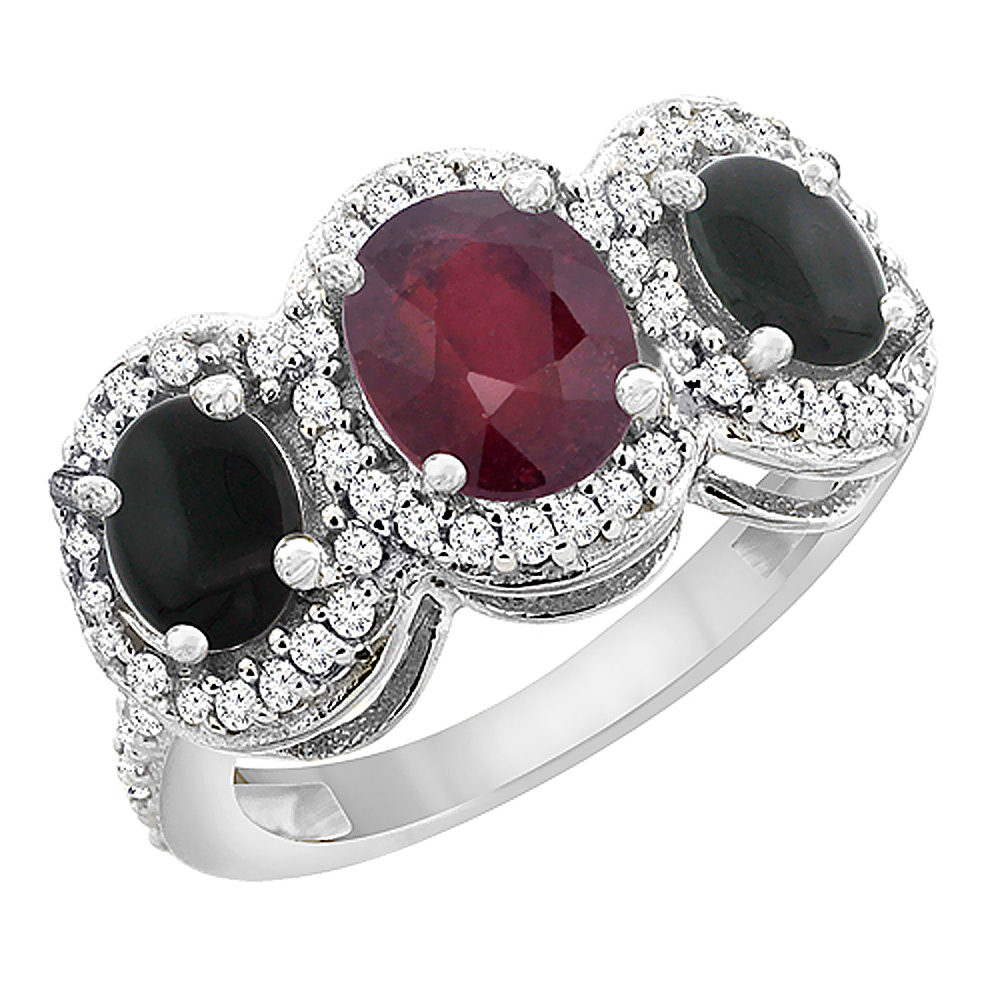 14K White Gold Natural Quality Ruby &amp; Black Onyx 3-stone Mothers Ring Oval Diamond Accent, size 5 - 10
