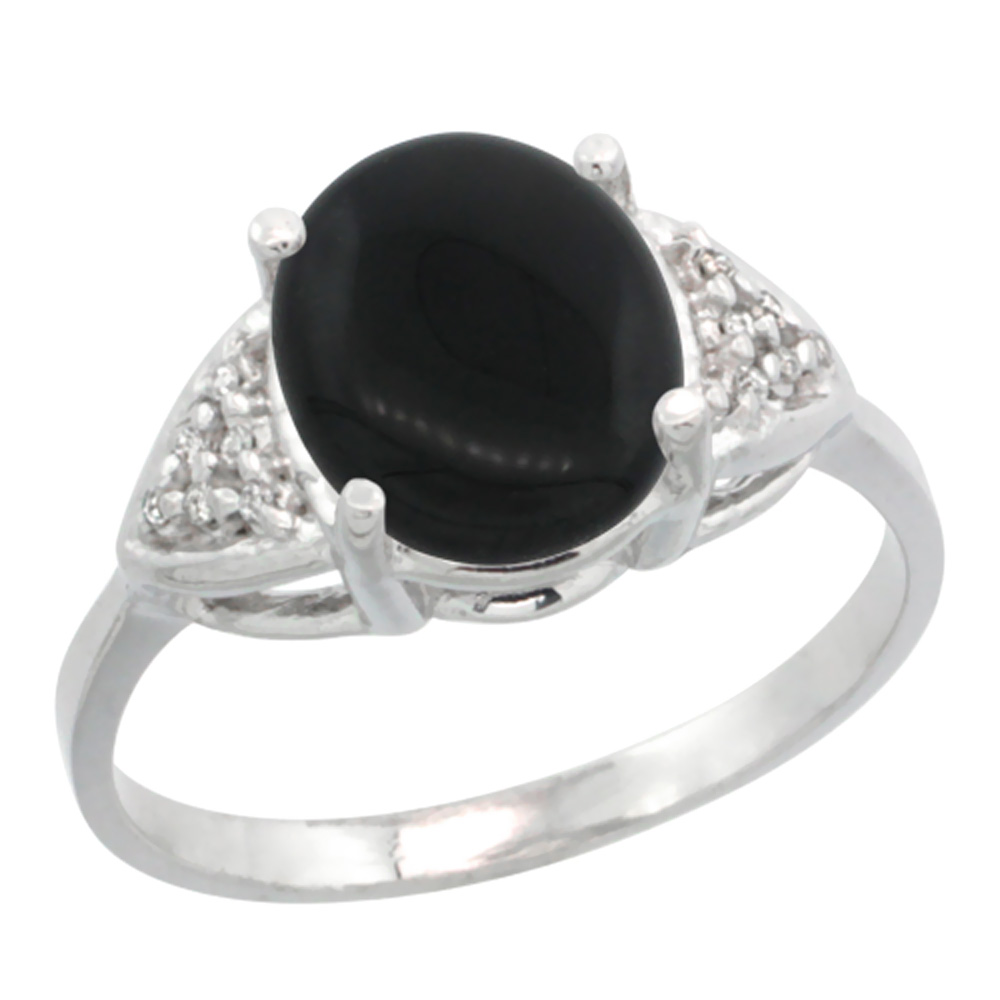 14k White Gold Diamond Natural Black Onyx Engagement Ring Oval 10x8mm, sizes 5-10