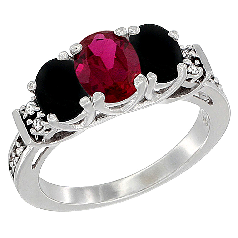10K White Gold Natural Quality Ruby &amp; Black Onyx 3-stone Mothers Ring Oval Diamond Accent, size 5-10
