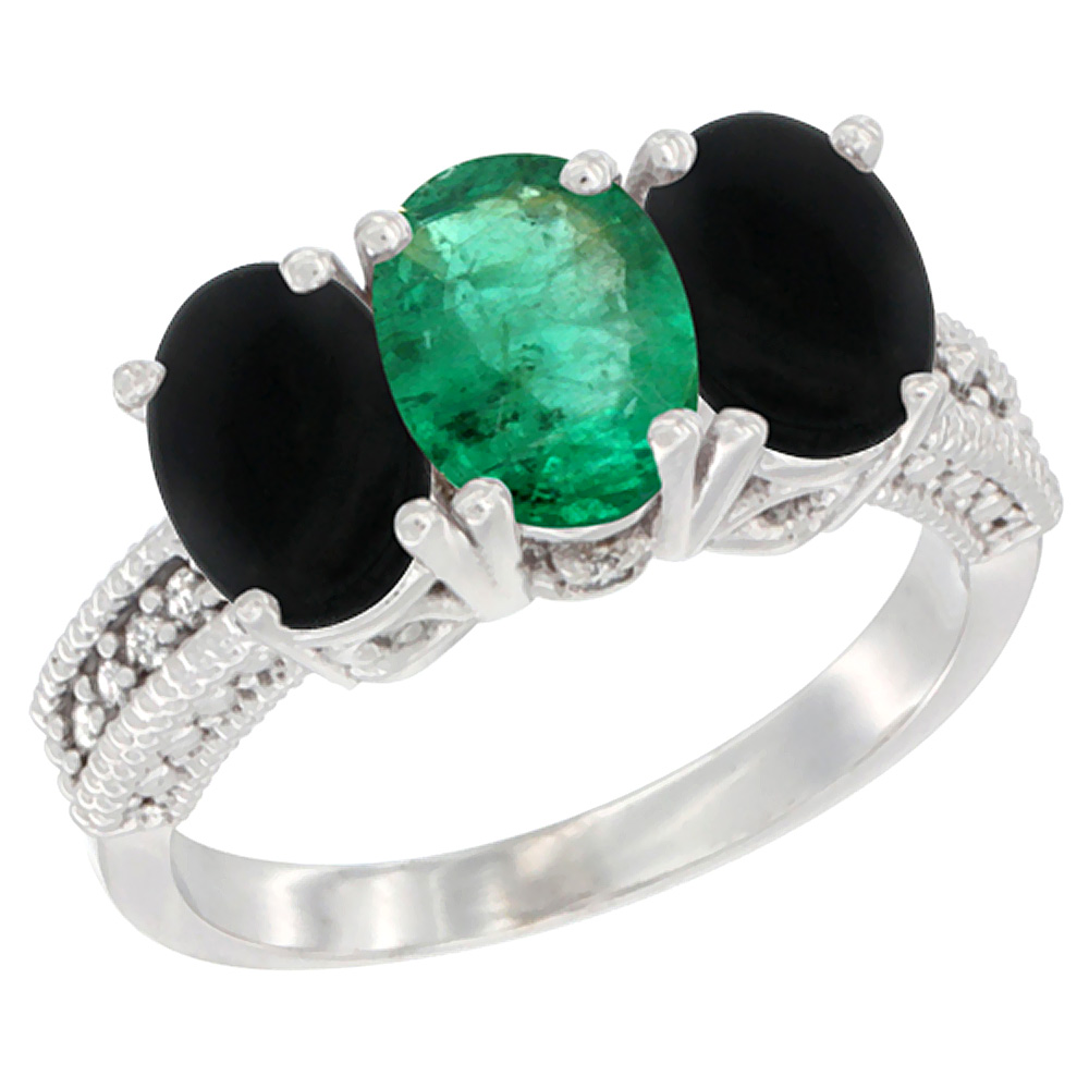 14K White Gold Natural Emerald & Black Onyx Sides Ring 3-Stone 7x5 mm Oval Diamond Accent, sizes 5 - 10