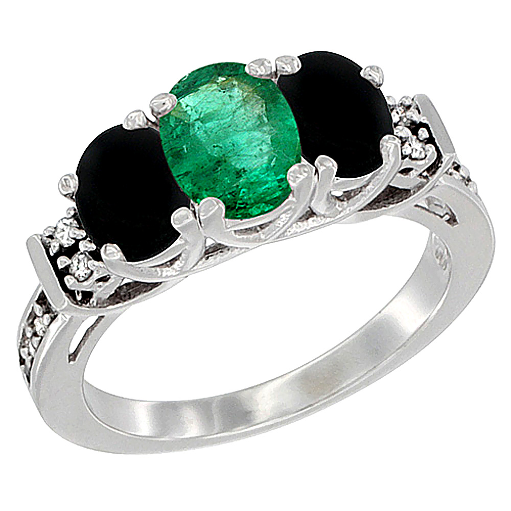 14K White Gold Natural Emerald &amp; Black Onyx Ring 3-Stone Oval Diamond Accent, sizes 5-10