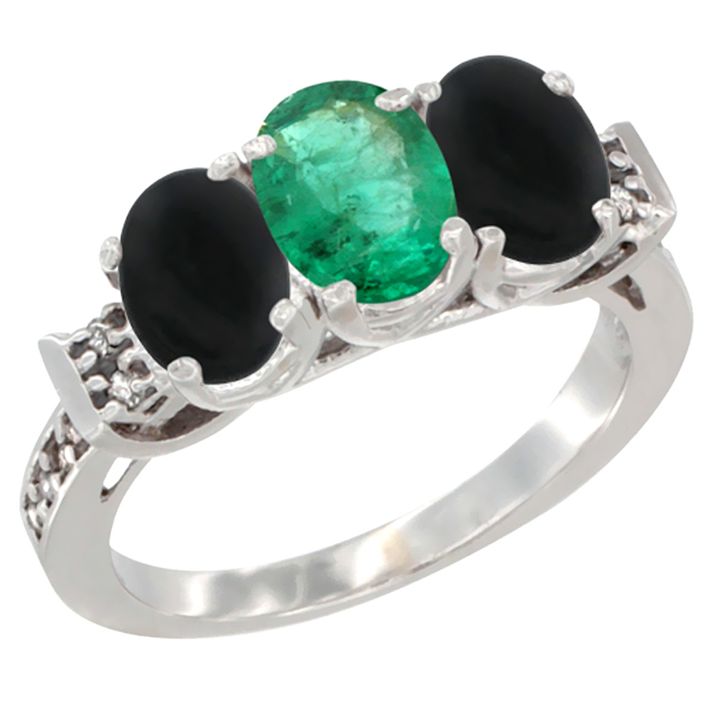 14K White Gold Natural Emerald & Black Onyx Sides Ring 3-Stone Oval 7x5 mm Diamond Accent, sizes 5 - 10