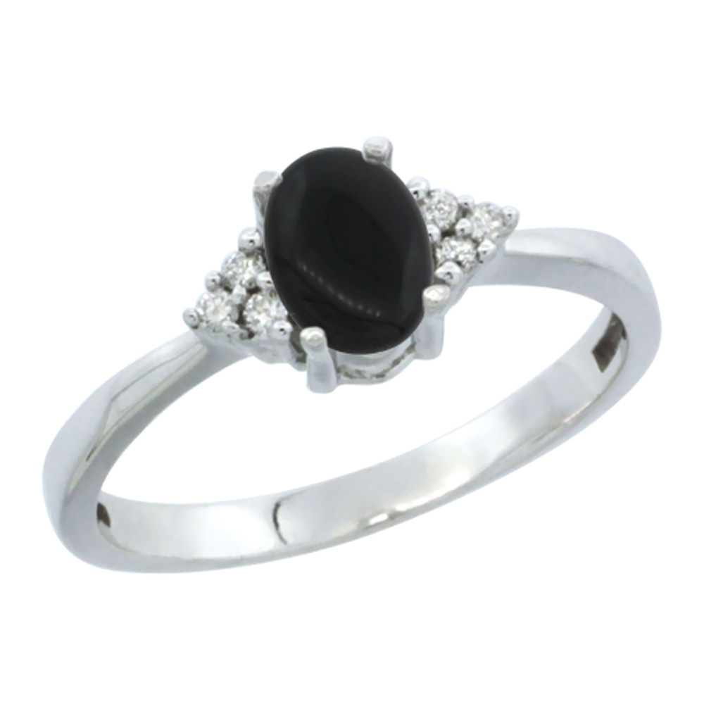 14K White Gold Natural Black Onyx Ring Oval 6x4mm Diamond Accent, sizes 5-10