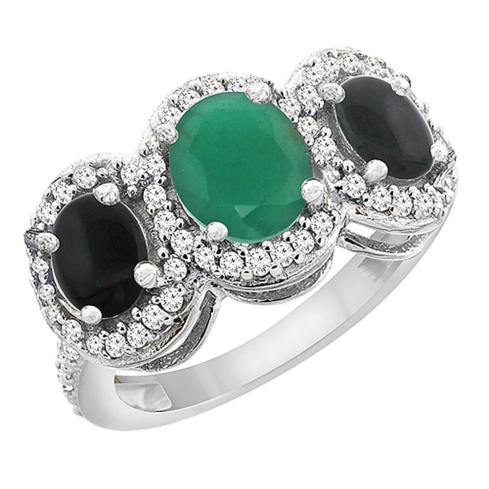 14K White Gold Natural Quality Emerald & Black Onyx 3-stone Mothers Ring Oval Diamond Accent, size 5 - 10