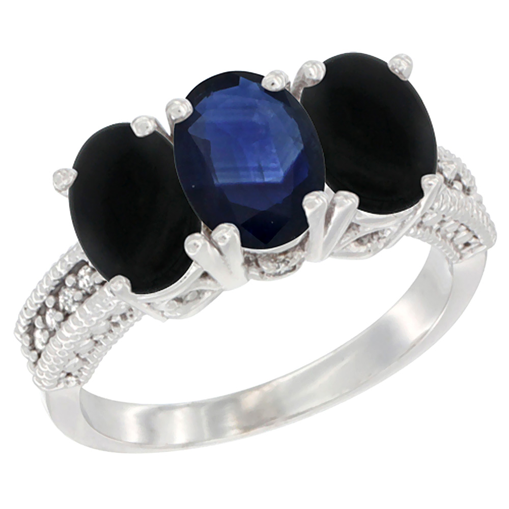 14K White Gold Natural Blue Sapphire & Black Onyx Sides Ring 3-Stone 7x5 mm Oval Diamond Accent, sizes 5 - 10