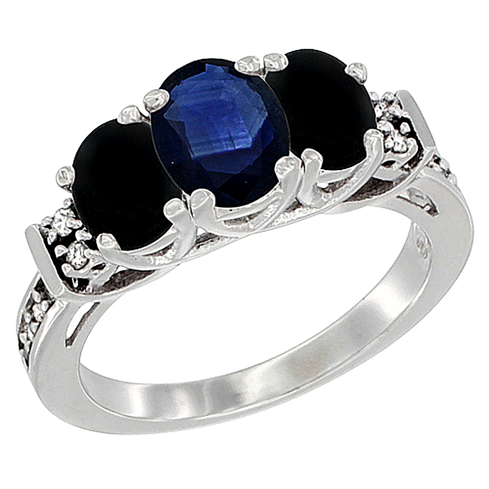14K White Gold Natural Blue Sapphire & Black Onyx Ring 3-Stone Oval Diamond Accent, sizes 5-10