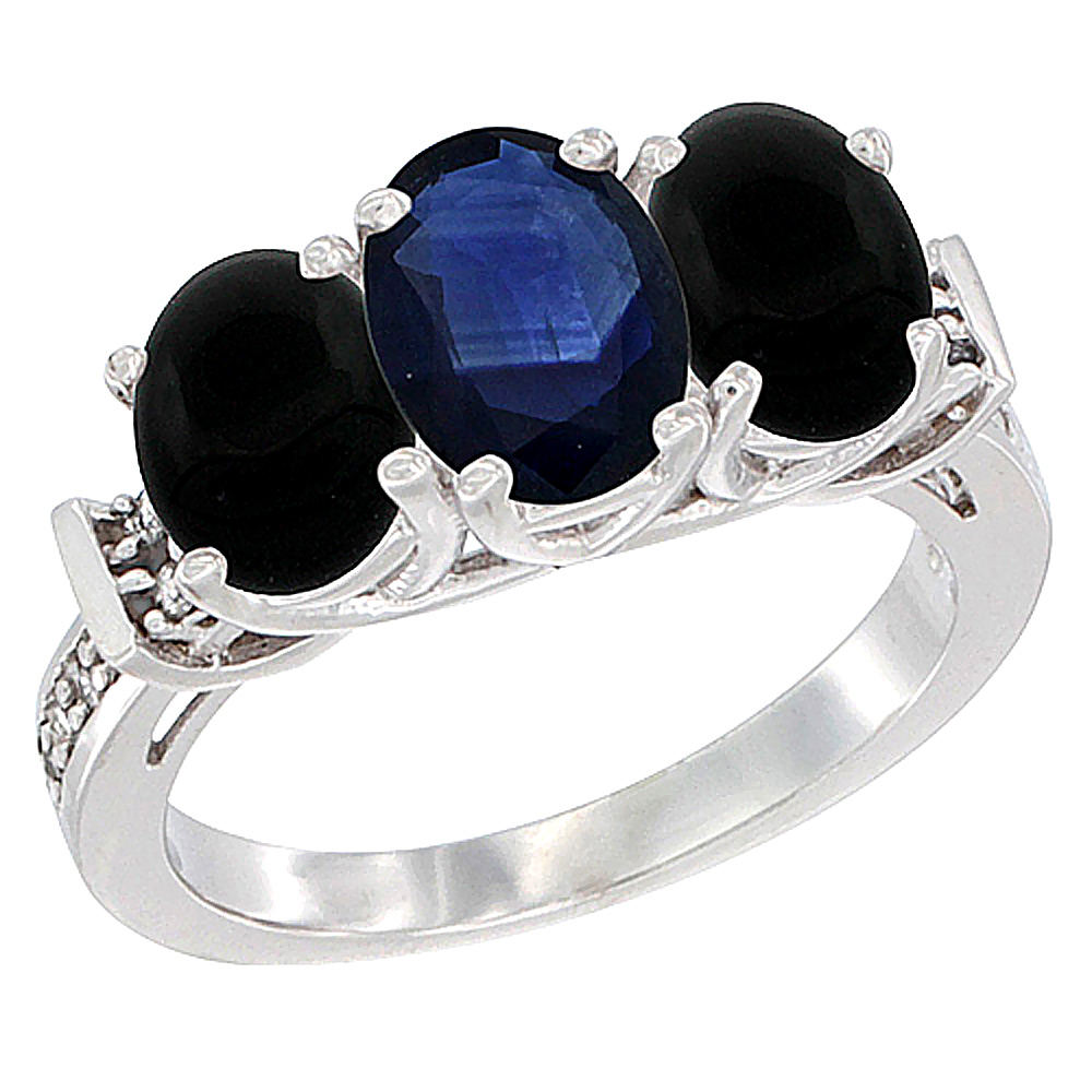 10K White Gold Natural Blue Sapphire & Black Onyx Sides Ring 3-Stone Oval Diamond Accent, sizes 5 - 10