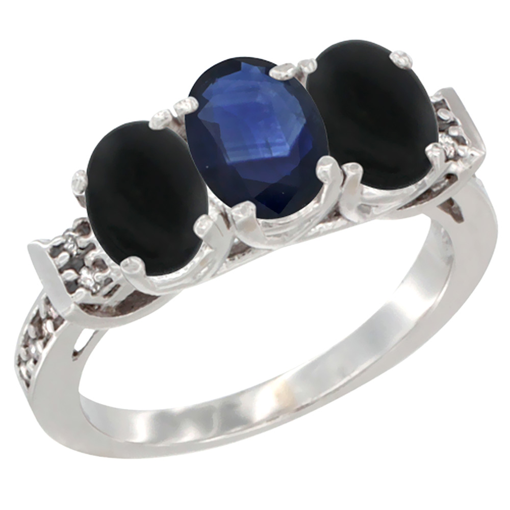 14K White Gold Natural Blue Sapphire &amp; Black Onyx Sides Ring 3-Stone Oval 7x5 mm Diamond Accent, sizes 5 - 10