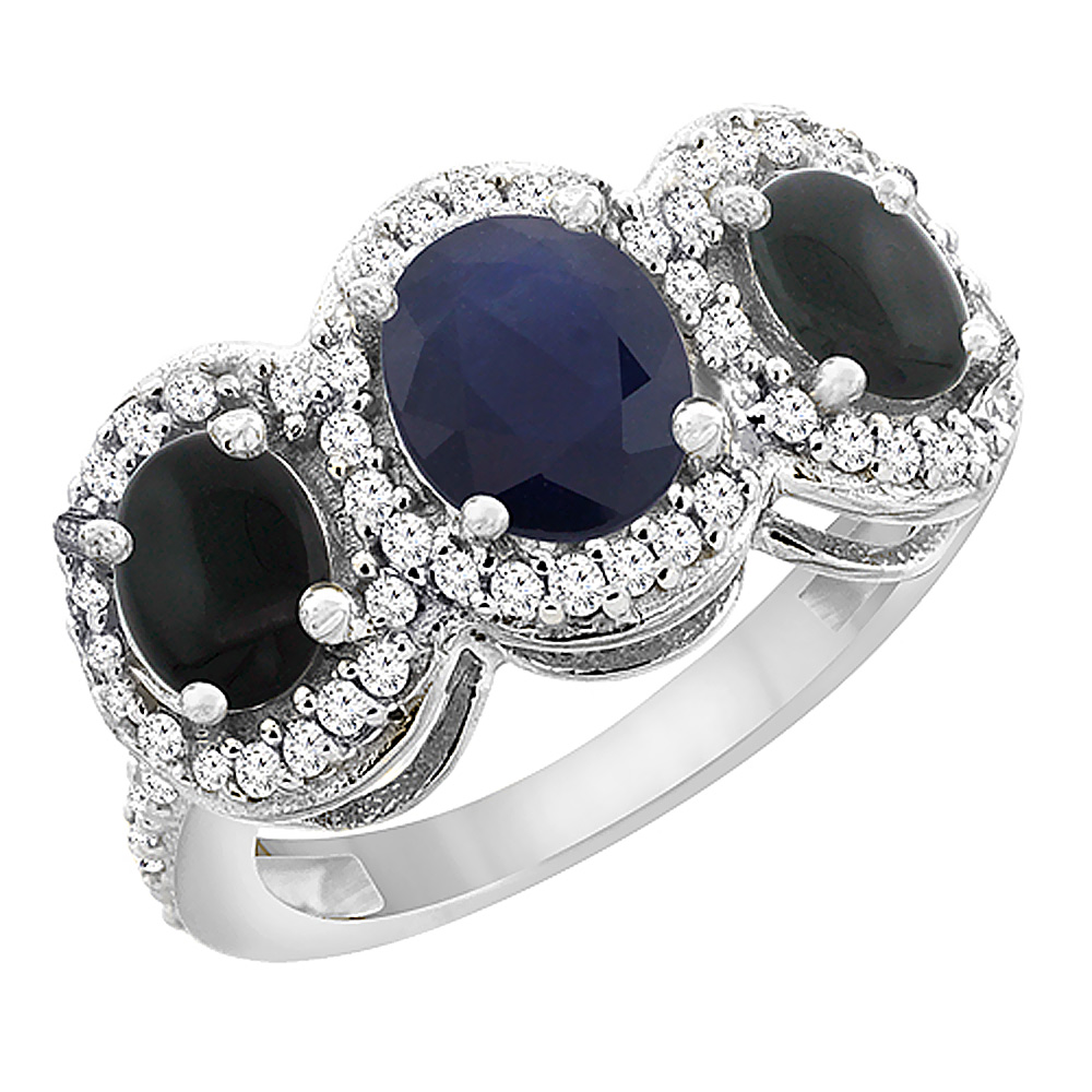 14K White Gold Natural Blue Sapphire & Black Onyx 3-Stone Ring Oval Diamond Accent, sizes 5 - 10