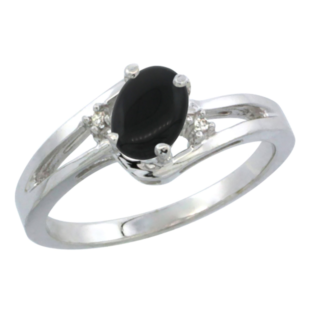 14K White Gold Diamond Natural Black Onyx Ring Oval 6x4 mm, sizes 5-10