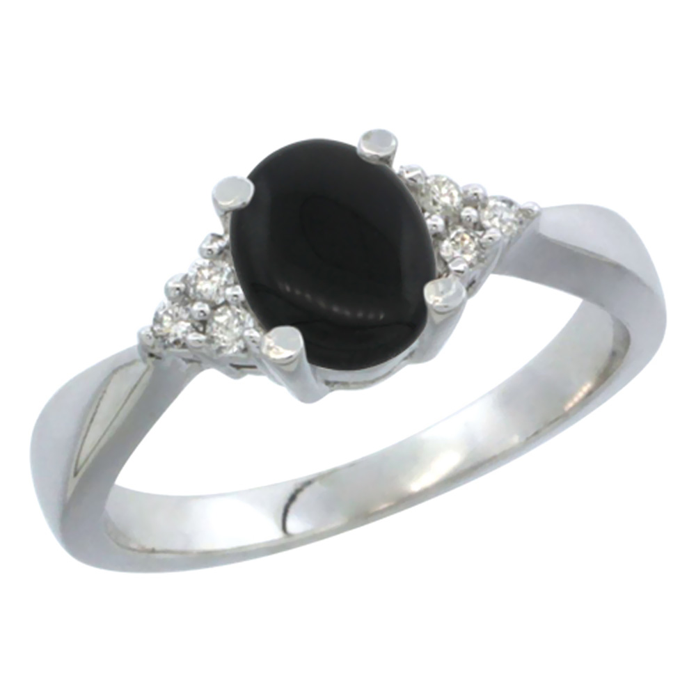 14K White Gold Diamond Natural Black Onyx Engagement Ring Oval 7x5mm, sizes 5-10