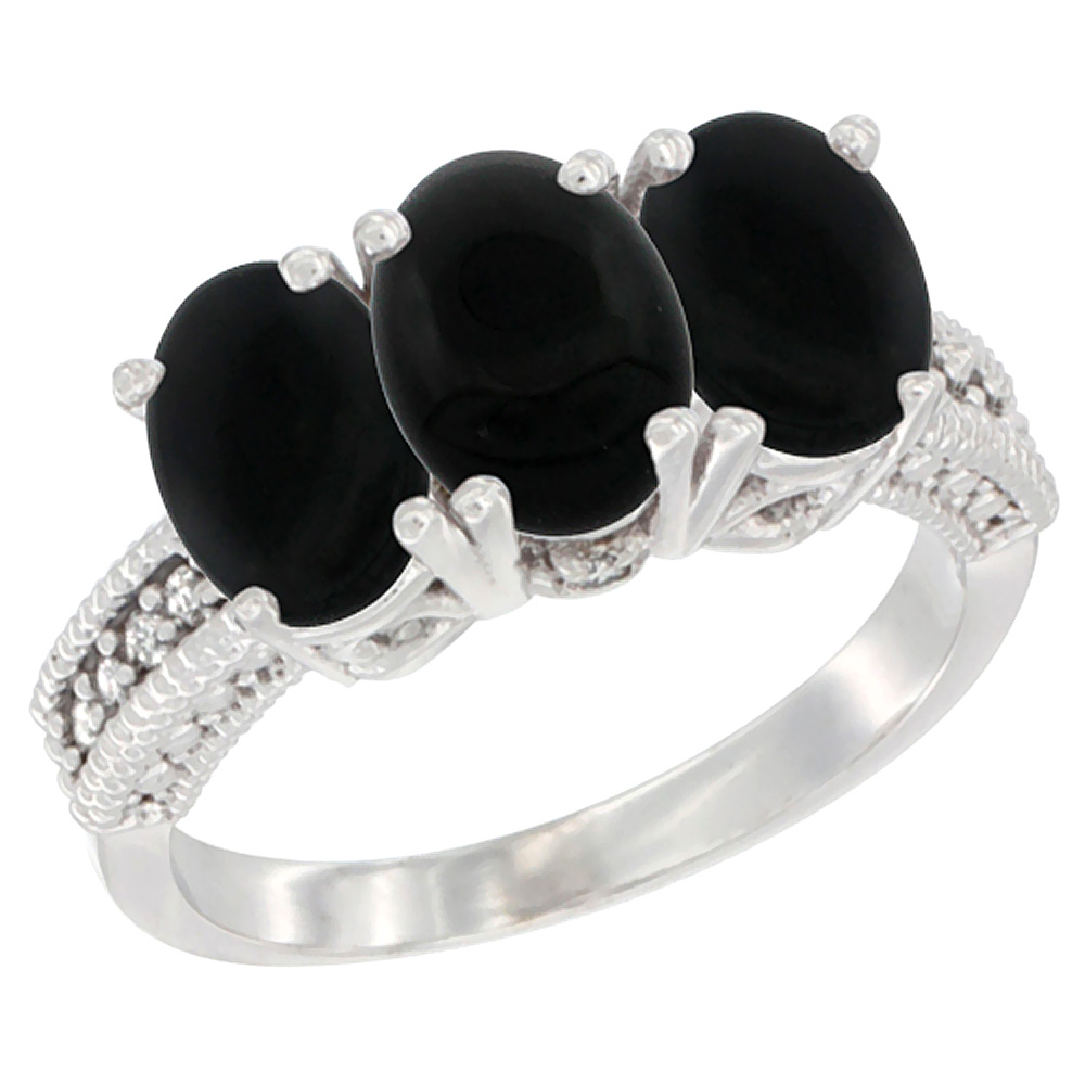 14K White Gold Natural Black Onyx Ring 3-Stone 7x5 mm Oval Diamond Accent, sizes 5 - 10