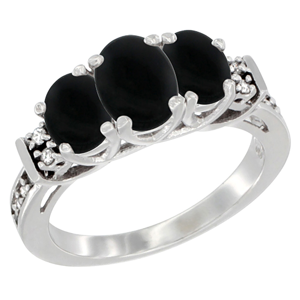 14K White Gold Natural Black Onyx Ring 3-Stone Oval Diamond Accent, sizes 5-10