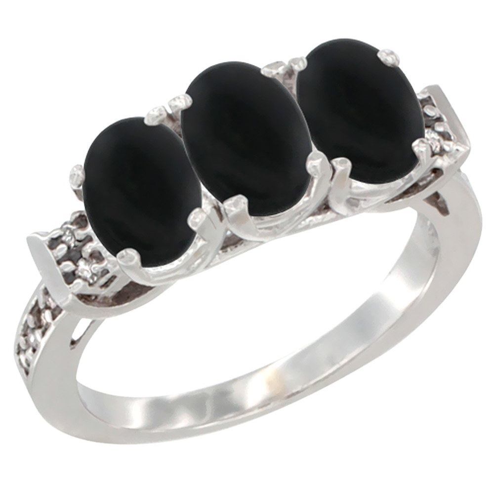 14K White Gold Natural Black Onyx Ring 3-Stone Oval 7x5 mm Diamond Accent, sizes 5 - 10