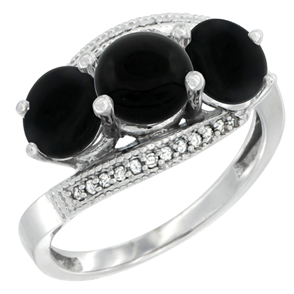 14K White Gold Natural Black Onyx 3 stone Ring Round 6mm Diamond Accent, sizes 5 - 10
