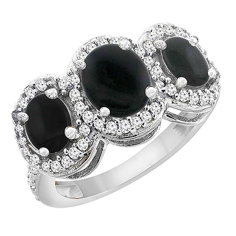 14K White Gold Natural Black Onyx 3-Stone Ring Oval Diamond Accent, sizes 5 - 10