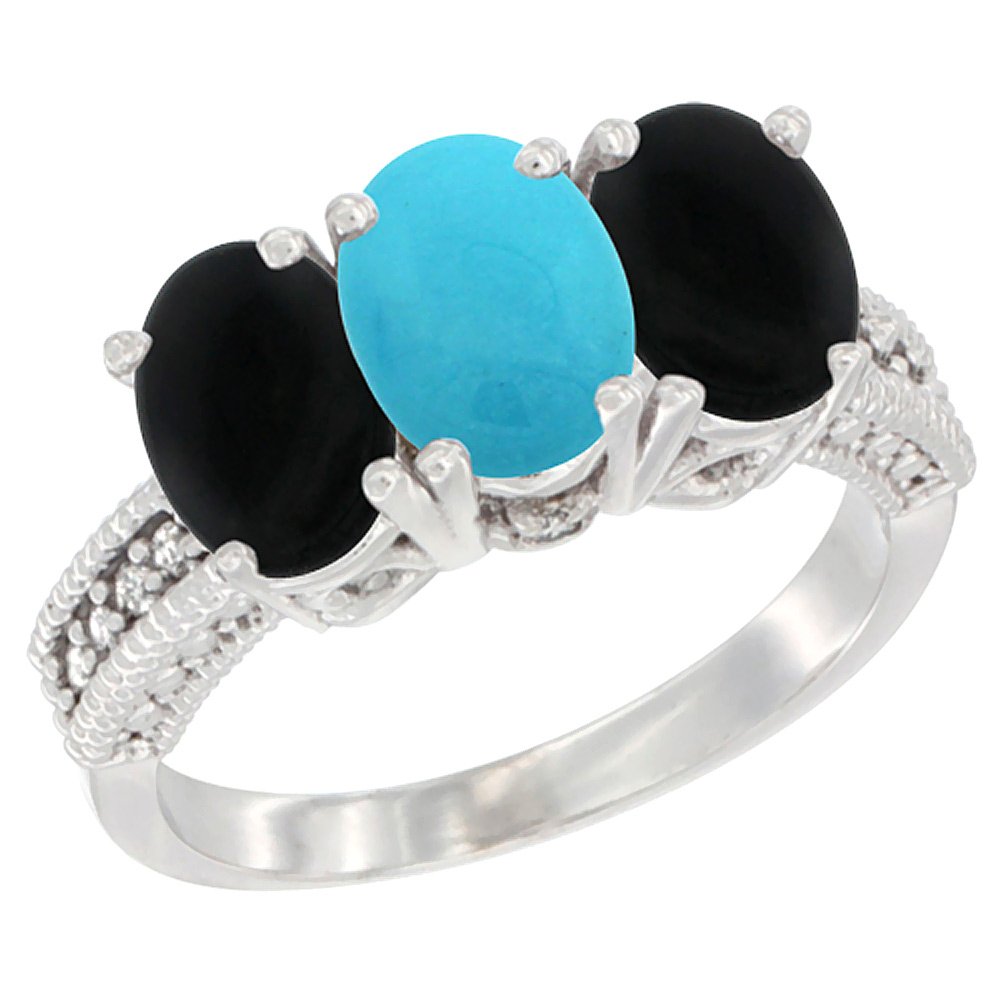 14K White Gold Natural Turquoise & Black Onyx Sides Ring 3-Stone 7x5 mm Oval Diamond Accent, sizes 5 - 10