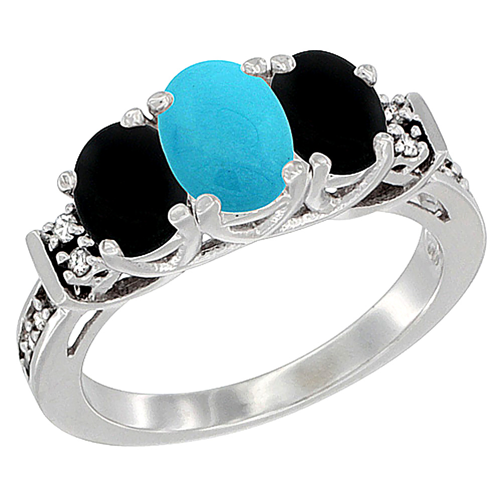 14K White Gold Natural Turquoise &amp; Black Onyx Ring 3-Stone Oval Diamond Accent, sizes 5-10