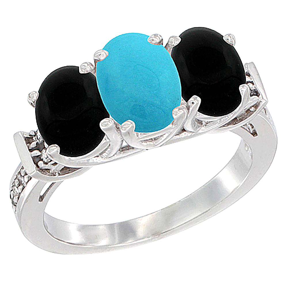10K White Gold Natural Turquoise & Black Onyx Sides Ring 3-Stone Oval Diamond Accent, sizes 5 - 10