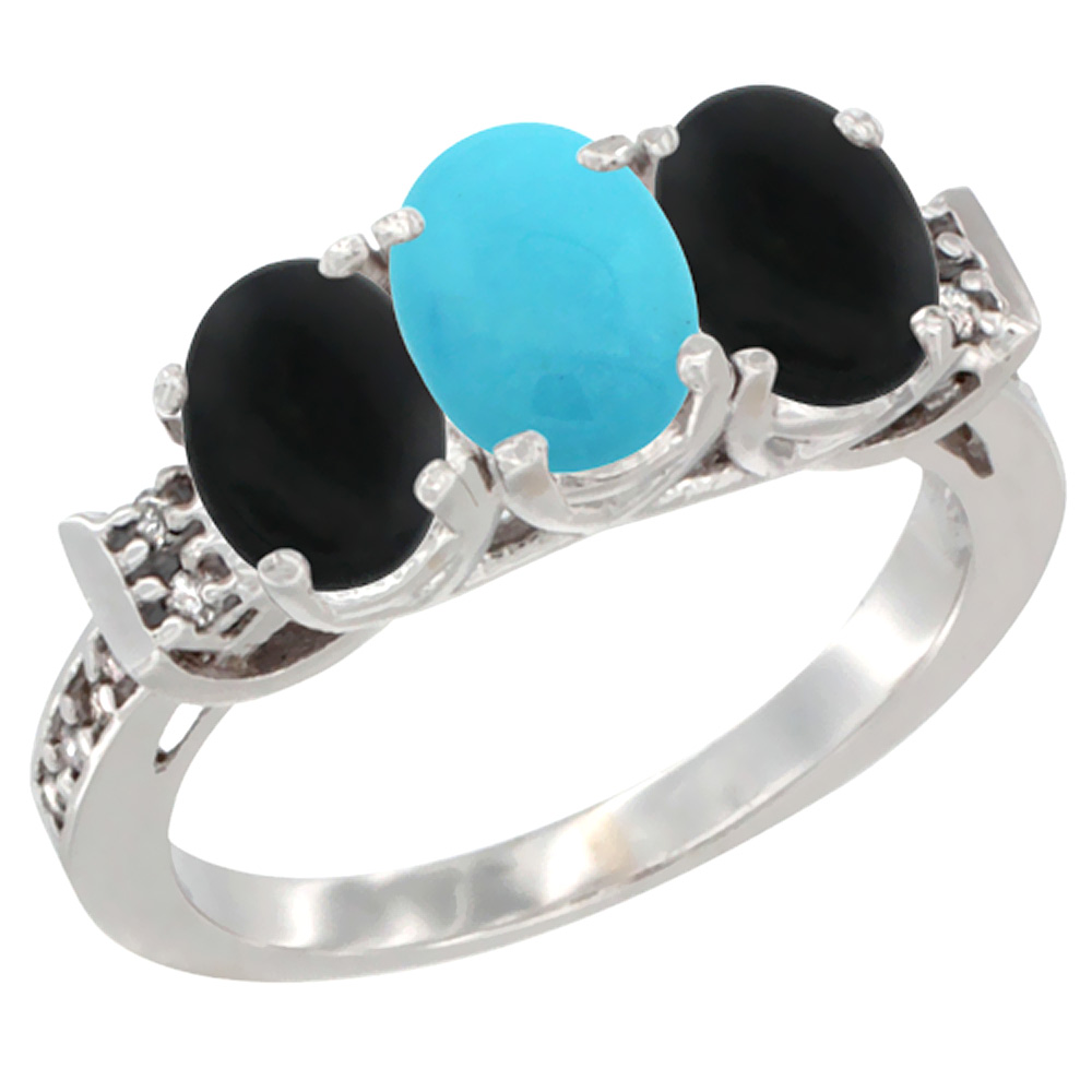 14K White Gold Natural Turquoise &amp; Black Onyx Sides Ring 3-Stone Oval 7x5 mm Diamond Accent, sizes 5 - 10