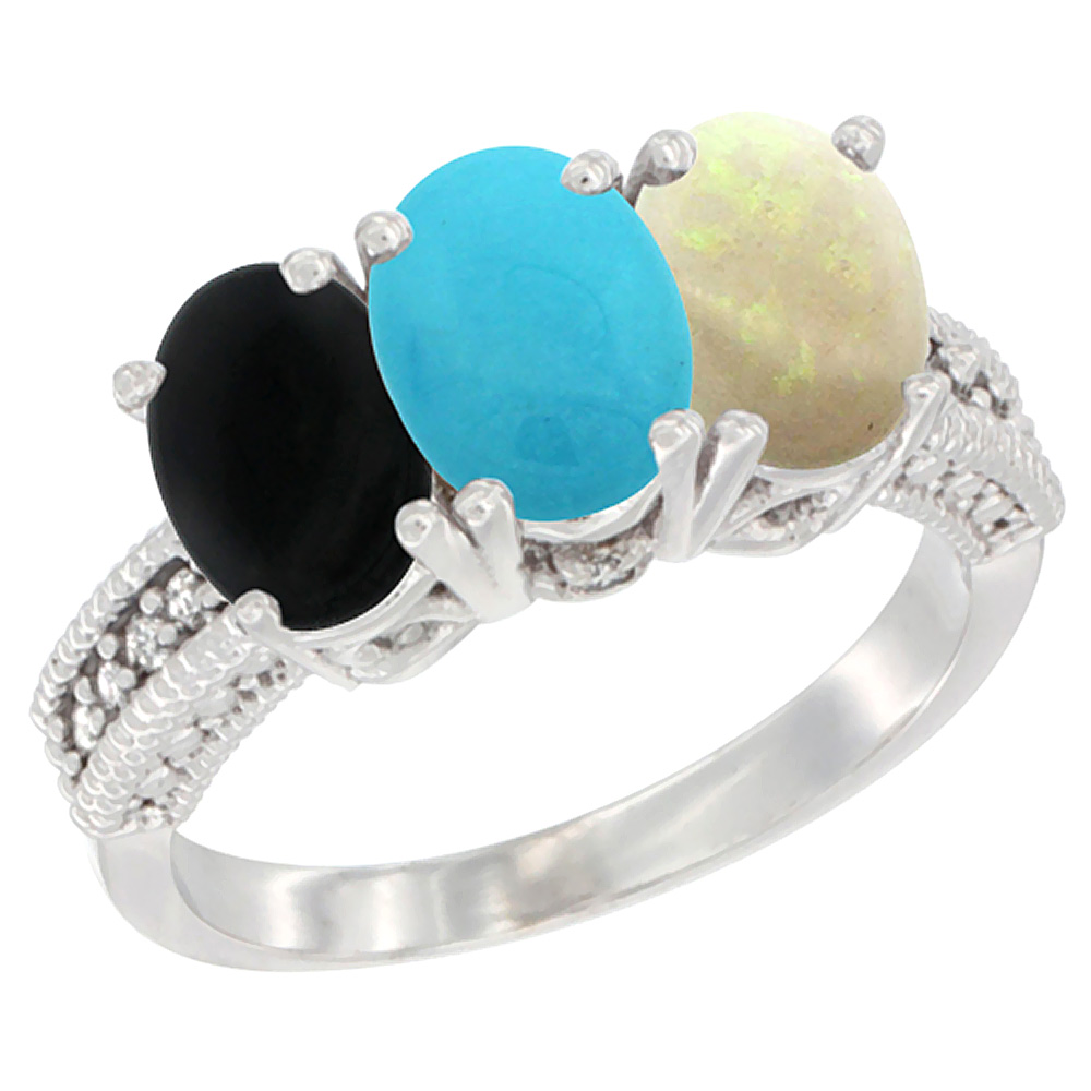 14K White Gold Natural Black Onyx, Turquoise & Opal Ring 3-Stone 7x5 mm Oval Diamond Accent, sizes 5 - 10