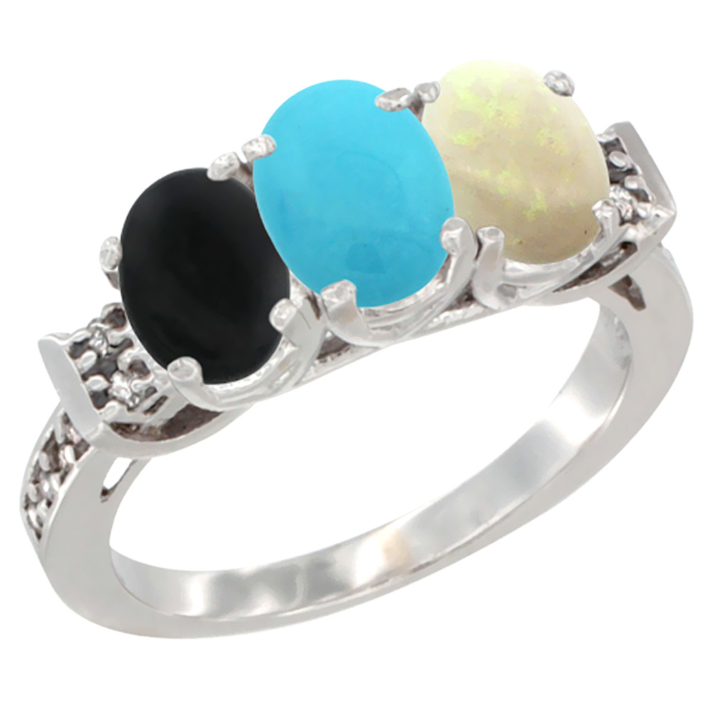 10K White Gold Natural Black Onyx, Turquoise & Opal Ring 3-Stone Oval 7x5 mm Diamond Accent, sizes 5 - 10