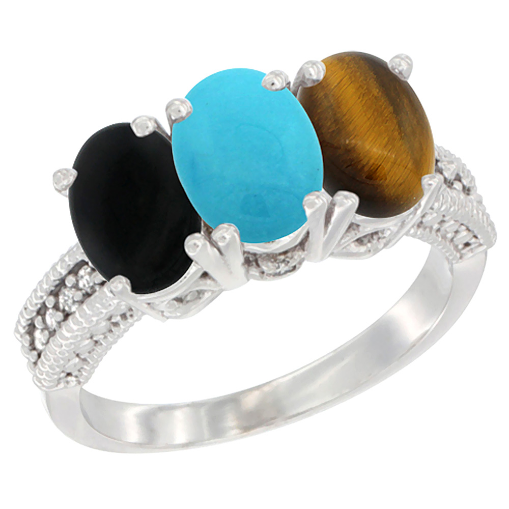 14K White Gold Natural Black Onyx, Turquoise &amp; Tiger Eye Ring 3-Stone 7x5 mm Oval Diamond Accent, sizes 5 - 10