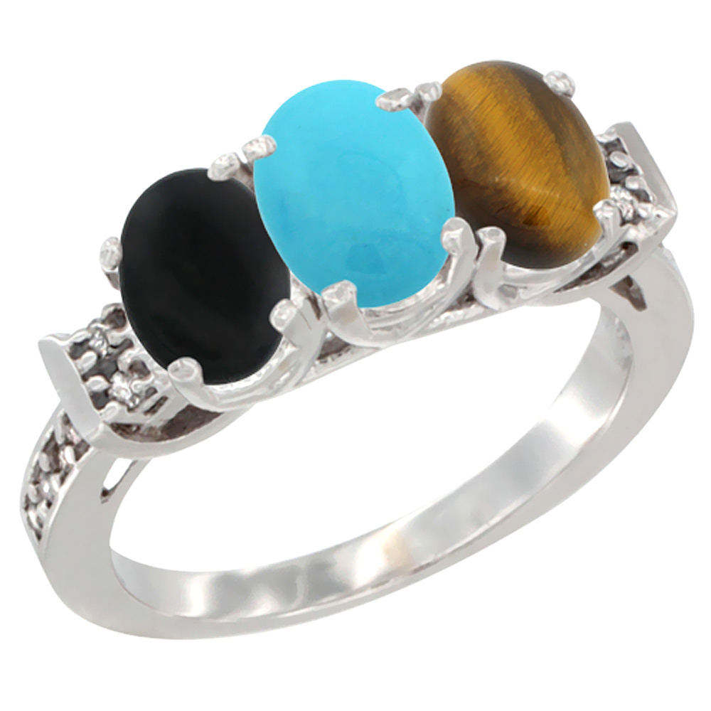 14K White Gold Natural Black Onyx, Turquoise &amp; Tiger Eye Ring 3-Stone Oval 7x5 mm Diamond Accent, sizes 5 - 10