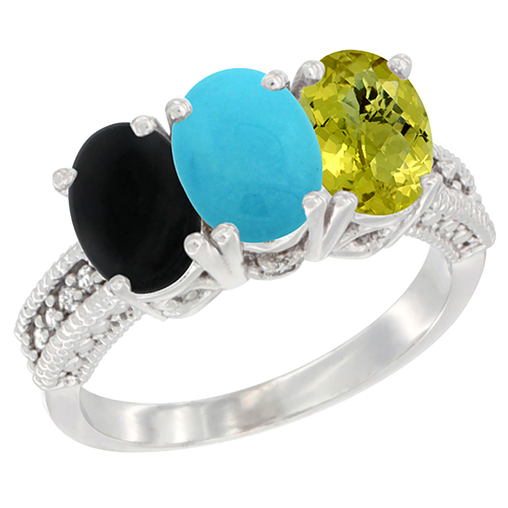 14K White Gold Natural Black Onyx, Turquoise &amp; Lemon Quartz Ring 3-Stone 7x5 mm Oval Diamond Accent, sizes 5 - 10