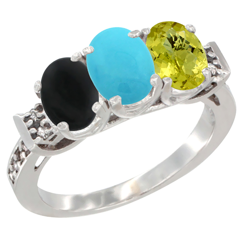 14K White Gold Natural Black Onyx, Turquoise & Lemon Quartz Ring 3-Stone Oval 7x5 mm Diamond Accent, sizes 5 - 10